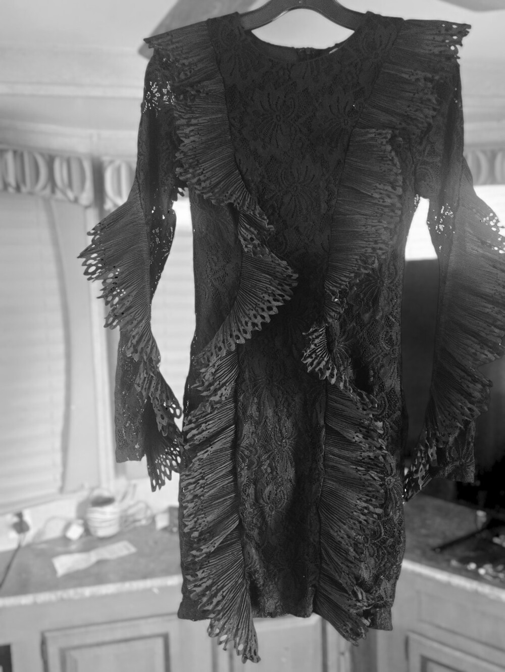 Ruffled Lace Long-Sleeve Dress in Black